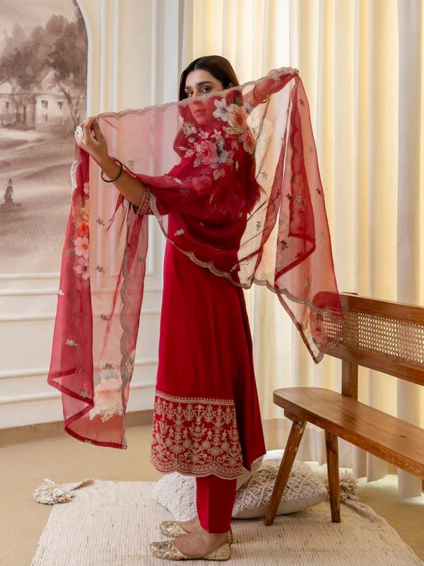 VP 9813 C Cherry red Embroidred Kurta Sets with Sequins Work Women Suits